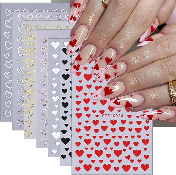 7 Sheets Valentines Day Nail Stickers for Nail Art 3D Self-Adhesive White Black Red Heart Nail Art Stickers Hollow Heart Love Design Nail Art Supplies Cute Nail Decals for Women Acrylic Decorations