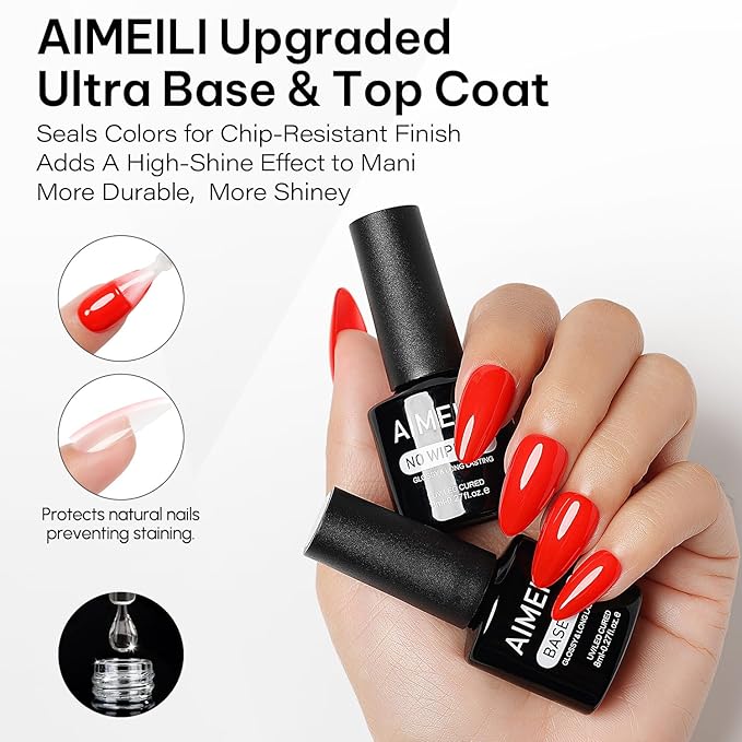 AIMEILI Base Coat Top Coat Nail Glue Gel Kit 3pcs, Hema Free, Cruelty Free, Vegan, Clear High Gloss Gel Nail Polish Long Lasting Nail Art