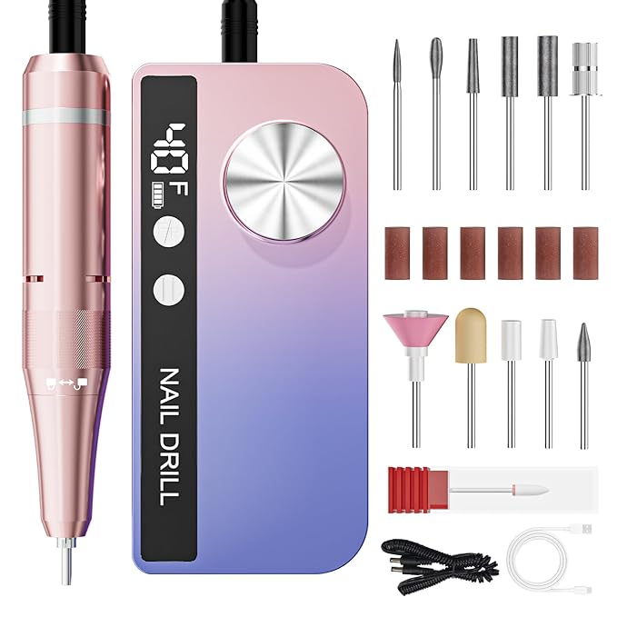 Professional Electric Nail Drill 40000RPM for Salon Home Use, Rechargeable Nail File Machine Kit with 12PCS Bits for Acrylic Gel Nails, Portable Efile Manicure Pedicure Tool (Pink Blue)