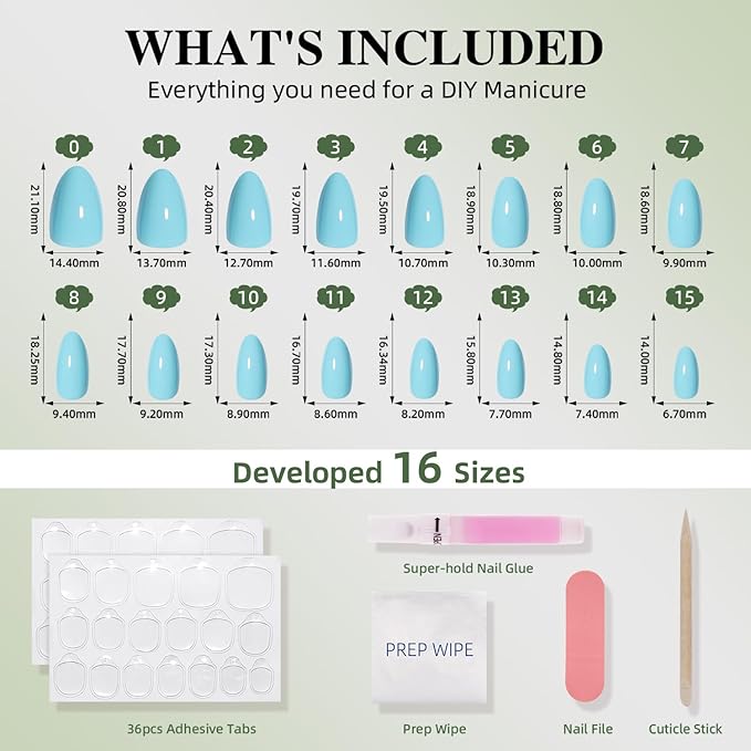 Blue Press On Nails Almond - Blue Almond Fake Nails, Short Press On Nails Reusable Stick On Nails in 16 Sizes, 32pcs False Nail Kit for Women & Girls(SoftBlue)