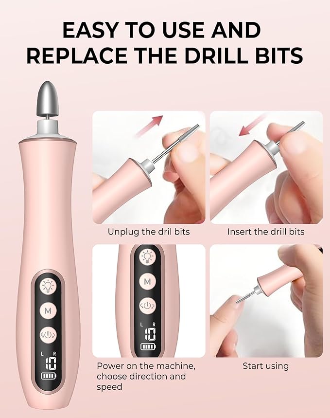 Cordless Nail Drill Electric Nail File, 10-in-1 Manicure Pedicure Kit Nail Grinder Set, 14000 RPM Rechargeable Acrylic Nail Tool, 10 Speeds LED Light LCD Display for Human, Toenails, Home(Pink)