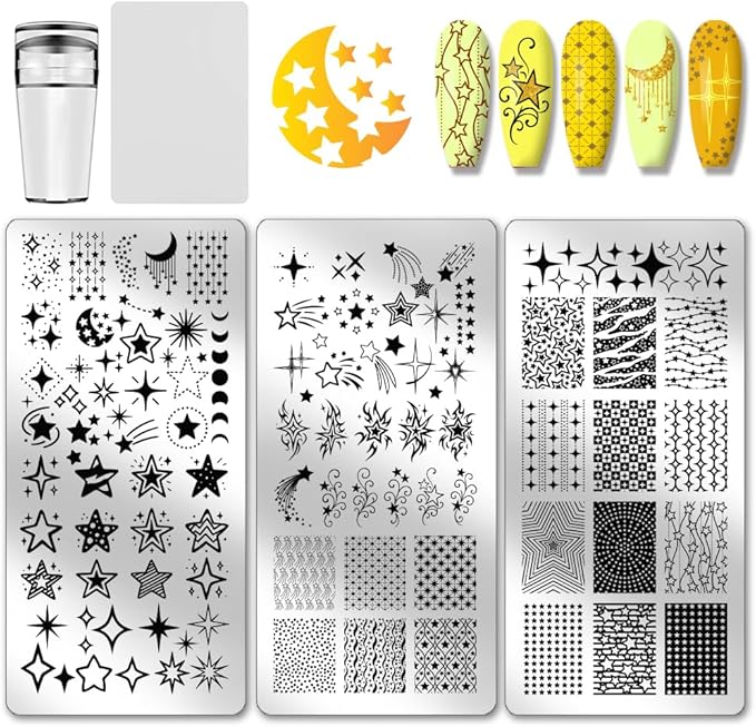 PH PandaHall 3pcs Star Moon Nail Stamping Plates Falling Stars Nail Art Plates Pentagram Patterns Manicure Art Templates Night Sky Nails Stamper Plate for Women DIY Manicures Salon Printing Design