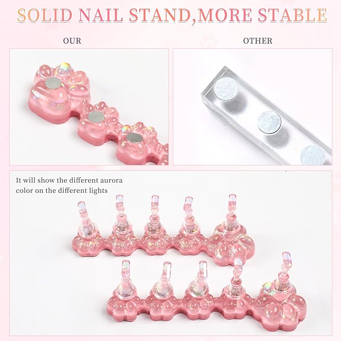 lootaan 2 Set Nail Holder for Painting Nails ,Fake Nail Tips Training ,Aurora Acrylic Nail Stand for Press on ,Nails Display with 96 Pcs Reusable Adhesive Putty(Laser pink)