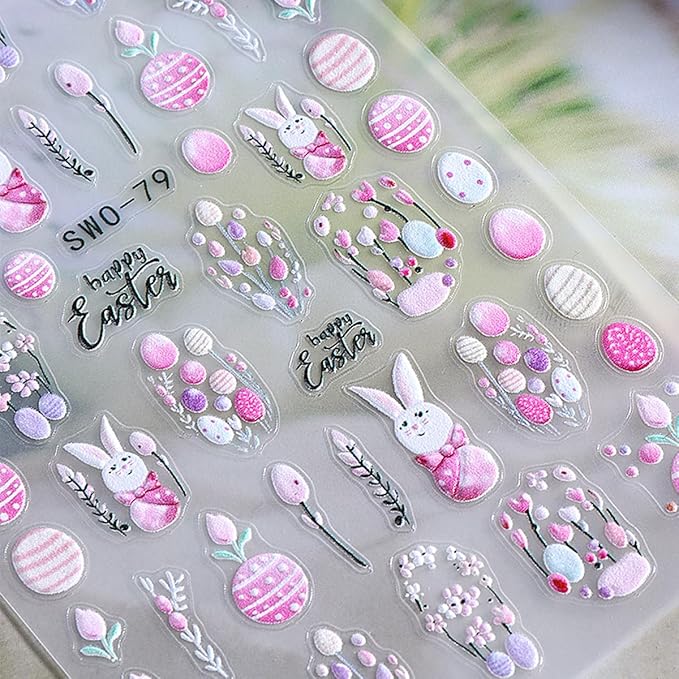 Easter Nail Stickers 6 Sheets - 5D Embossed Bunny, Eggs & Flowers Design, Self-Adhesive Nail Art Decals for Women DIY Manicure