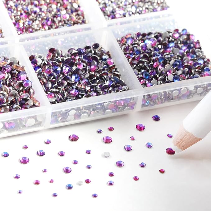 Beadsland 7200pcs Flatback Rhinestones,Purple Rhinestone Nail Gems Round Crystal Rhinestones for Crafts,Mixed 6 Sizes with Wax Pencil Kit, SS3-SS10, Purple Velvet