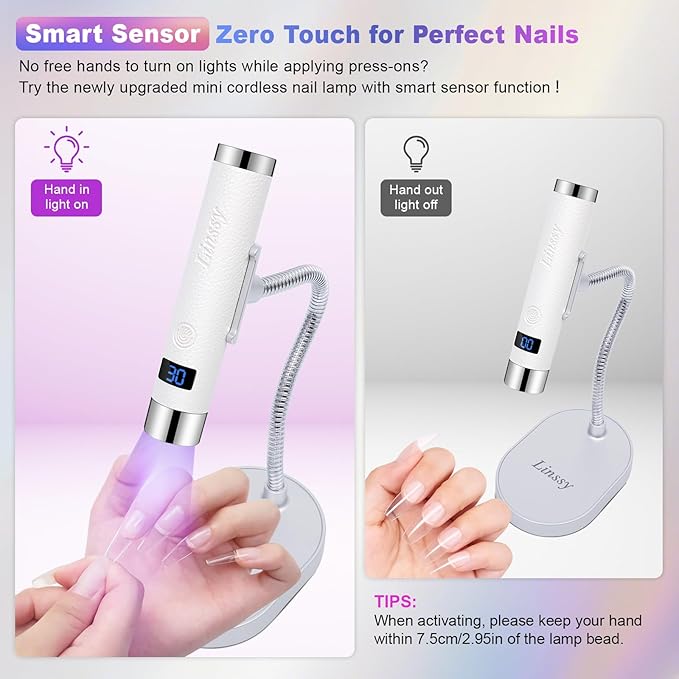 Mini UV Light for Nails with Auto Sensor & Gooseneck Stand,Portable Cordless Nail Lamp Flash Cure Lamp with LCD Display,Handheld UV Light for Gel Nails at Salon & Home Use (White)