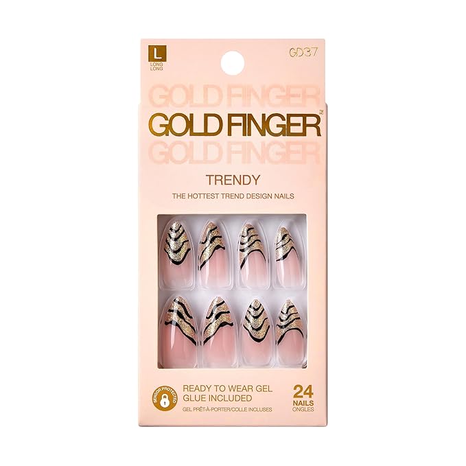 Goldfinger Trendy False Nails Kit, Long Almond Shape Design Nail, Elegant Nude Stripes Print, Ready to Wear Gel & Manicure Stick Included, Long-Lasting Convenient & Easy to Apply