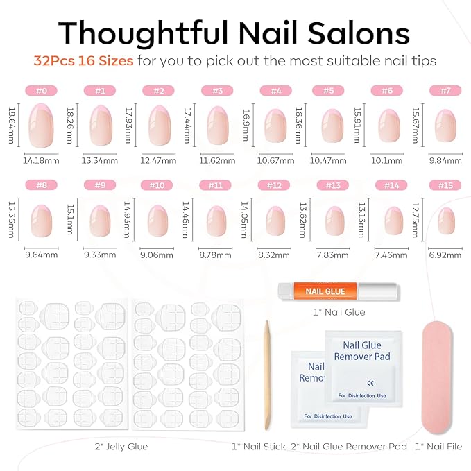 Modelones French Tip Press on Nails Short, Spring Oval Fake Nails, Reusable Nail Kit with Nail Glue Adhesive Tabs Mini Nail File, Nails Press Ons 32Pcs 16Sizes, Women Girl Gift, Pink