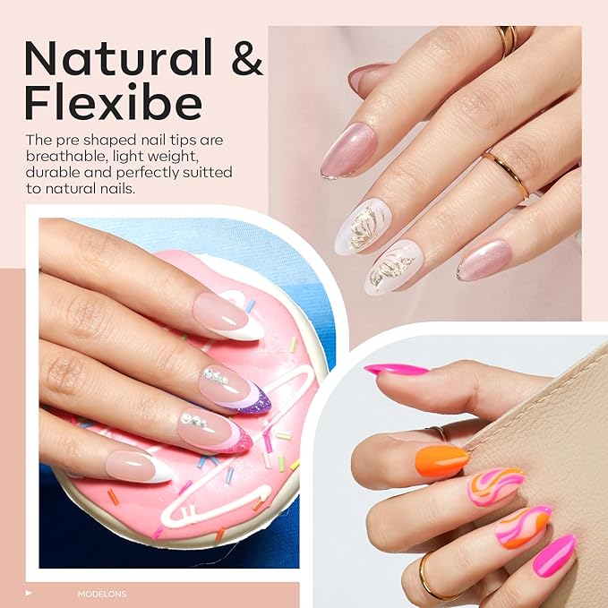 modelones Short Almond Gel Nail Tips Kit, 9-in-One Nail Glue with Portable U V Lamp 216Pcs 12Sizes Pre-Etched Press ons Fake Acrylic Extension Kit DIY Salon Gift for Women