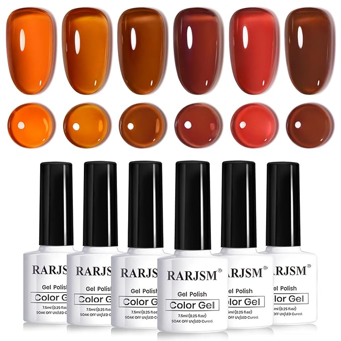 RARJSM Jelly Brown Stained Glass Gel Nail Polish Set 6pcs Clear Glazed Amber Orange Caramel Mocha Brown Wine Cherry Red Crystal Transparent Sheer Gel Varnish Curing Requires Home Salon Manicure
