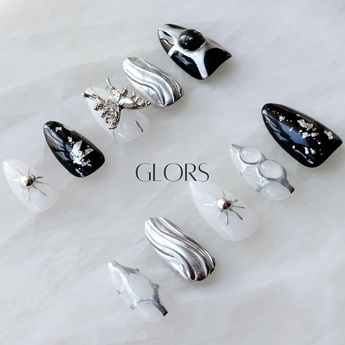 Gothic Long Almond Press-On Nails Set, Black and Silver Metallic Design with Butterfly Accent, Handmade False Nail 10 Pieces (XS,Almond)