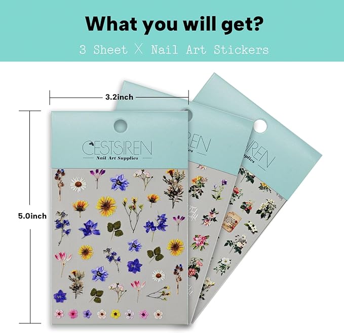 Large Flowers Pattern Nail Art Stickers, Floral Nail Decals, Self-Adhesive,Summer Spring Nail Accessories for Women, Nail Decorations 3 Sheets