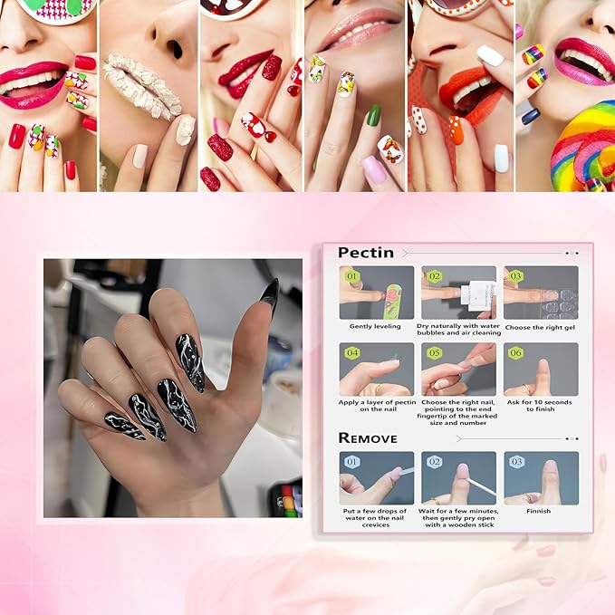 Black Marble Nails Press Ons Long Alomnd Tip Press on Nails Black Marble Design Fake Nails Full Cover Gel False Nails Kit for Womens 24pcs