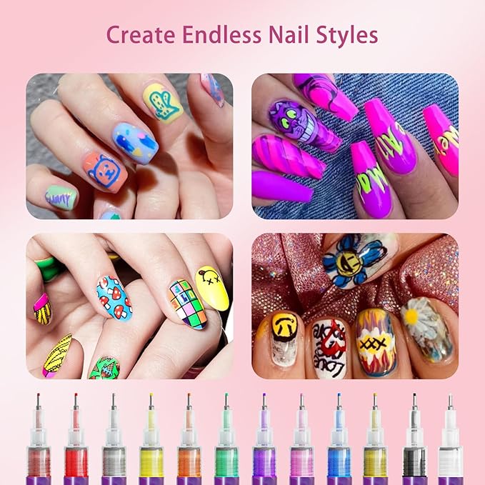 Nail Art Pens Set,12 Color 3D Quick-Dry 0.5MM Nail Polish Pens,Acrylic Nail Paint Markers Kit,DIY Graffiti Dotting Liner Pen for Manicure Home Salon Beginners