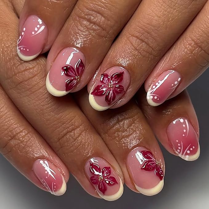 Press on Nails Short Oval MABKJLF Yellow French Tip Fake Nails Flower False Nails with Plumeria Floral Designs Ombre Glossy Glue on Nail Spring Summer Acrylic Nails for Women Girls 24Pcs