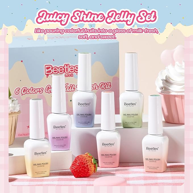 Beetles Fruity Milk Jelly Gel Nail Polish Set - 6 Colors Spring Pastel Gel Polish Kit Pink Purple Blue Peach Nude Green Yellow Sheer Translucent Effect Soak Off UV Nail Art Manicure Gift for Women