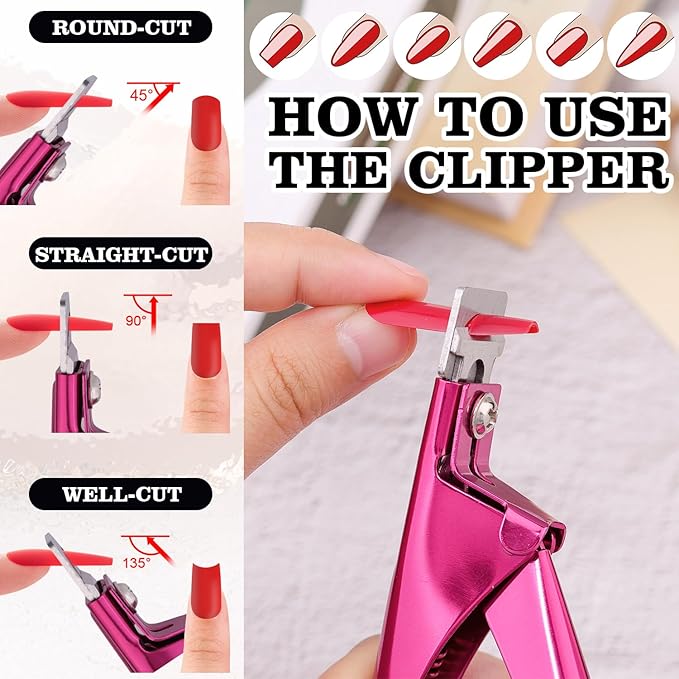Rose Red Metal Premium Adjustable Nail Clippers with Magnet Sizers for Acrylic Nails, Professional Stainless Steel Fake False Nail Tip Clipper Cutter Trimmer, Manicure Tool for Salon Home Nail Art