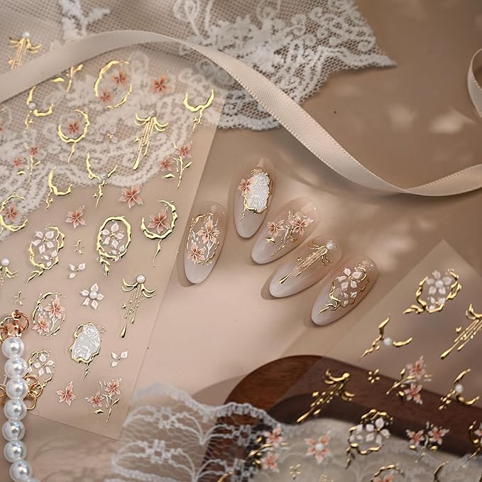 Flower Nail Art Stickers 5D Embossed Spring Nail Decals Floral Nail Stickers for Nail Art Metal Frame Nail Design with Pearl Nail Art Supplies for Women Girls