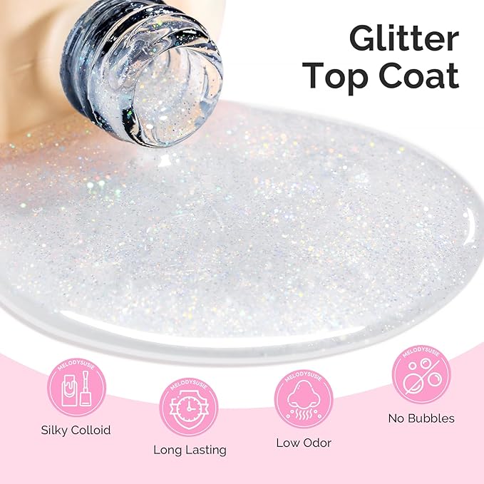 MelodySusie Glitter Gel Top Coat- No Wipe Reflective Iridescent Glitter Top Coat, High Gloss Shine Finish Long Lasting Top Gel Nail Decoration for Home DIY and Nail Salon Gift for Women 0.5fl oz