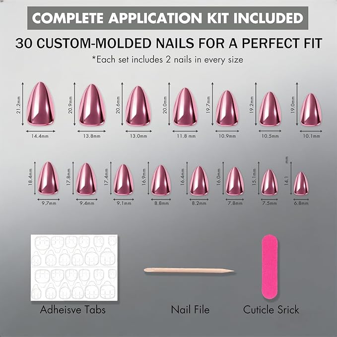 Chrome Press on Nails Short Almond, Metallic Smoky Gray Fake Nails with a Sparkle Mirror Finish, Glitter Glue on Nails for Women Birthday Party, Thick Quality Soft Gel Nail Press ons 30 Pcs