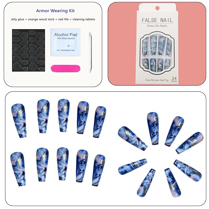 24 Pcs Long Press on Nails Coffin Fake Nails Press on Reusable Gel Stick on Nails for Women Glossy Acrylic False Nails Artificial Jelly Nails Blue Golden Smoke Lrregular Stripes