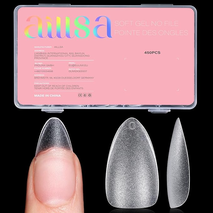 AILLSA Medium Almond Nail Tips 450PCS Full Cover Clear Acrylic Nail Tips Double-Sided Matte No Need Base Coat Press on Fake Nails Tips for Extension False Nails DIY Salon 15 Sizes