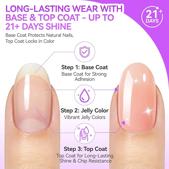 gelike ec Jelly Color Gel Polish: Nail Starter Kit with 10 Gel Colors & Base Gel Top Coat - need UV LED Lamp Cure Smooth Easy Used on Natural & Acrylic Nails at Home for Beginner and Teens