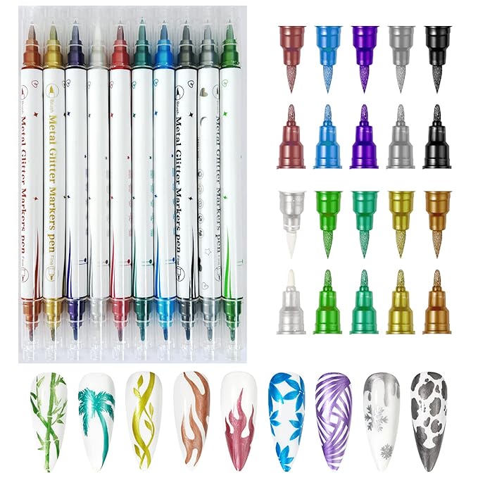 10 Colors Double Ended Metallic Nail Art Marker Pens, 3D Metallic Nail Graffiti Dotting Drawing Point Pen Sets Nail Art Painted Pen Nail Design Kit for Nail Design Nail DIY Decoration