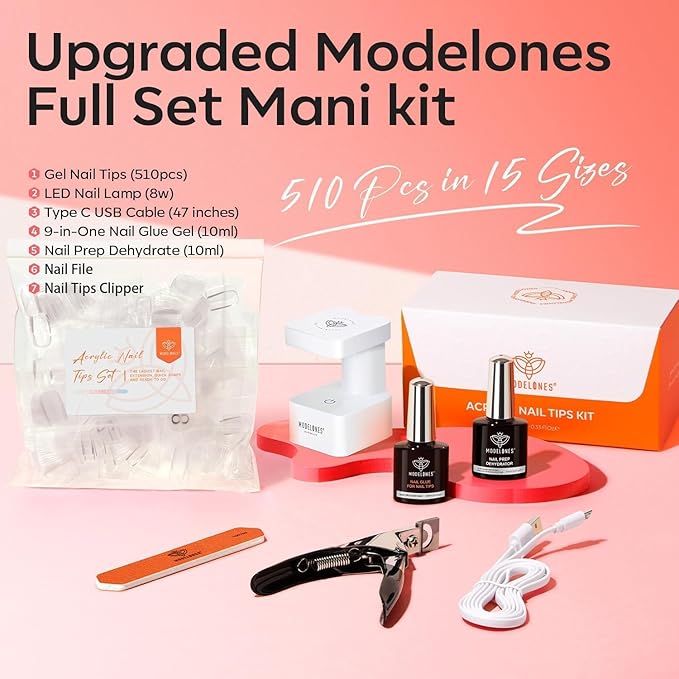 modelones X Nail Gel Kit Almond, Upgraded 15Sizes Fake Nails 510Pcs, 9-in-One Glue Prep Dehydrator & Portable Mini U V Light Acrylic Clipper, Extra Short Almond Press on Tips Extension Kit