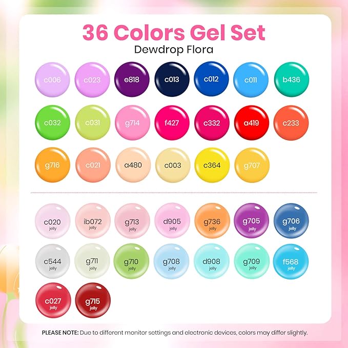 Beetles Spring Gel Nail Polish Set - 36 Colors Dewdrop Flora Gel Nail Kit Jelly Pink Milky White Yellow Purple Green Natural Classic Color Set Soak Off UV LED Home Salon Easter Gift for Women