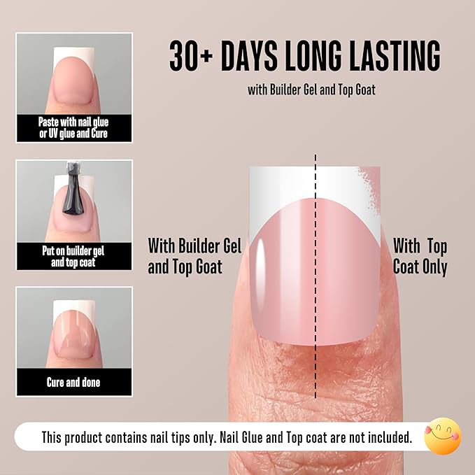 White French Tip Short Straight Square Nail Tips Press on, BABY PINK Extra Thick NEED Soft Gel Nail Extension, Need Builder gel & Top,Coat Full Cover False Nails, for DIY x 15 Sizes 150 pcs