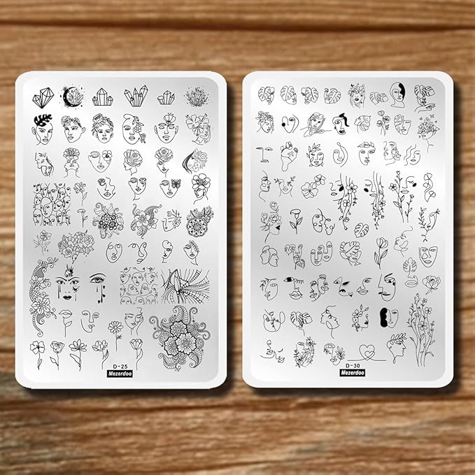 Big Size Abstract Face Stamping Plates For Nails, 2pcs Flower Leaf Nail Stamping Plates Geometric Line Wave Pattern Nail Stamp Plates Graffiti Fun Woman Face Design Nail Stencils For Nail Art Reusable