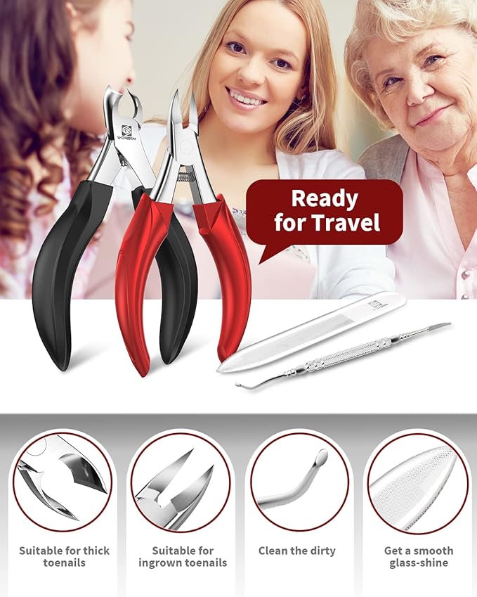 Toenail Clippers, WONSIM 4Pcs Toenail Clippers for Seniors Thick Toenails Heavy Duty Stainless Steel, Sturdy Sharp Toe Nail Clippers Nail Cutters Professional Ingrown Toenail Removal Kit for Men Women