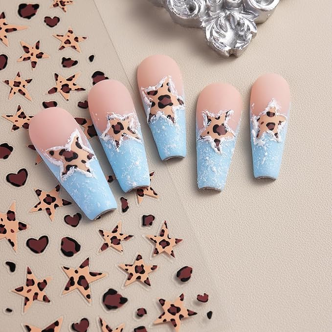 Leopard Print Nail Stickers Fall 5D Embossed Nail Art Stickers Autumn Nail Decals with Stars Designs Brown Pink DIY Self-Adhesive Nail Art Supplies 4 Sheet