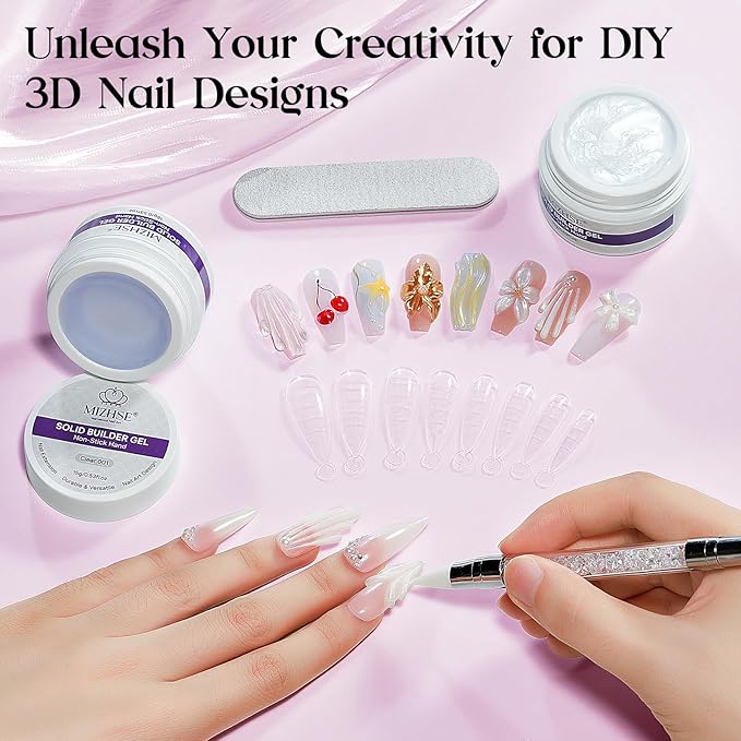MIZHSE Solid Builder Gel for Nails, Clear and Pearl White 3D Nail Art,Non-Sticky Sculpting Building Hard Gel with Dual Form Silicone Pen for Carving Patterns Decoration Nail Art Manicure Home DIY