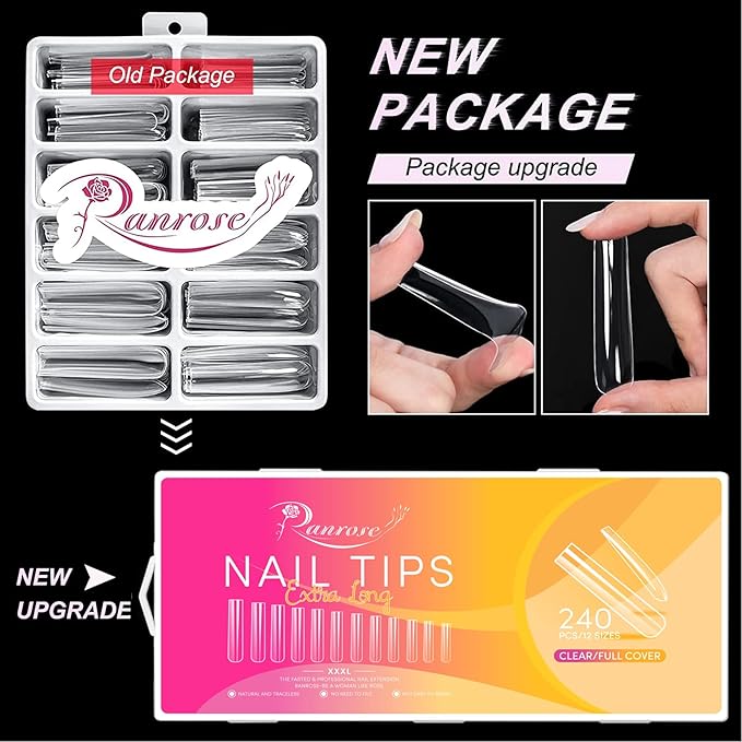 Ranrose Extra Long Nail Tips, 240PCS XXXL Long Square Acrylic Nails Full Cover Clear Long Straight Tapered Square Nail Tips 12 Sizes Pre-shaped Fake Nails for DIY Press On Nail Extensions for Women