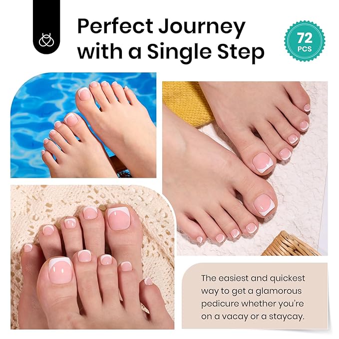 Beetles Toe Nail Press Ons Short - White French Tips Press On Toe Nails Square for Women - Perfect fit for feet with Jelly Glue Fast Dry Glue Fake Toenails in 18 Sizes- 72 Toenails Kit