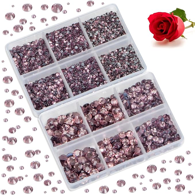 Bymitel Hotfix Crystal Rhinestones Round Gems for Crafts,Mixed 6 Sizes with Wax Pencil Kit, Lt. Amethyst 1.6-6.3mm SS4-SS30/8000pcs