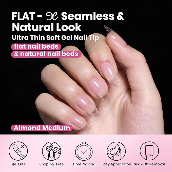 Beetles Gel Nail Tips Flat-X - Almond Medium, 320pcs 16 Sizes, Pre-Etched Half Matte Full Cover Soft Acrylic Press on False Nail Extension Tips Easy DIY Salon for Flat & Natural Nail Beds
