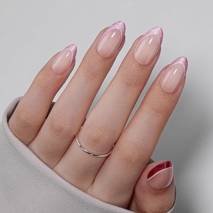 VSALON Press On Nails Short Almond, Hot Pink French Tip Glitter Nails, Salon Quality Opaque Soft Gel Fake Nails Kit - 32 PCS Stick on Nails in 16 Sizes with Glue & Cuticle Oil