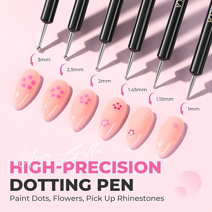 UNA GELLA Nail Art Brushes Set 6PCS Black Color Double-ended Acrylic Nail Design Brush Set Nail Dotting Tools Nail Art Gel Polish Liner Brushes for Christmas Gel Polish Painting DIY Nail Salon