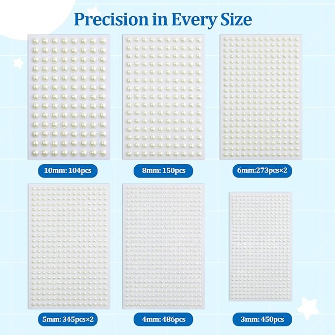 2426 pcs Self Adhesive Pearl Gems for Crafts Flat Back Pearl Stickers for Nails, Face, Body, Hair 6 Sizes (3-10mm) for DIY Art, Wedding Makeup, Scrapbooking