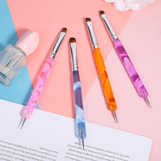 4pcs French Gel Acrylic Nail Art Brush Mixed Color Two Way Nail Art Brush with Dotting Professional Manicure Tool for Manicure Cuticle Clean up Detailed Designs Nail Dotting Pen (10#, 12#, 14#, 16#)