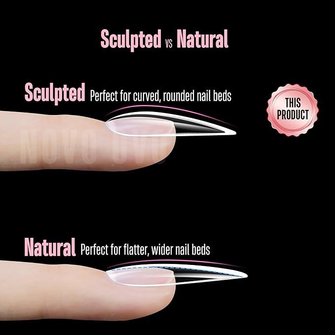 NOVO OVO Long Almond Nail Tips SCULPTED (Not NATURAL) for Curved Nail Beds, Extra Thick L Length False Nails Press on, Full Cover Soft Gel Fake Nail Extension, Salon DIY x 15 Sizes 450 pcs