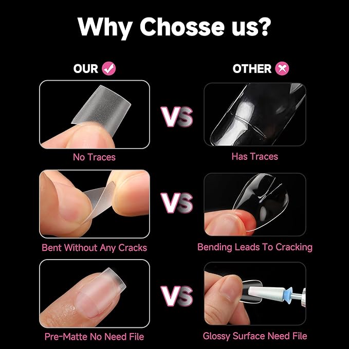UNA GELLA Short Coffin Fake Nails 504Pcs Half Cover Matte Nail Tips Extra Short Coffin Gel Nail Tips No C Curve Pre-buff No Need File Salon Quality Nail Extension DIY Nail Art Salon 12 Sizes