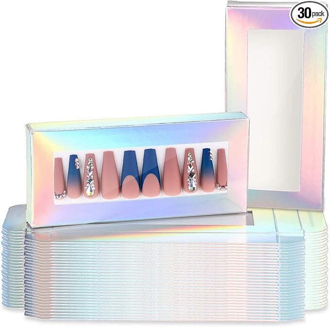 Noverlife 30PCS Empty Press on Nail Package with 30PCS Pullable White Paper Trays, False Nail Packaging Box with Clear Window, Nail Tip Package Boxes for Nail Salon Bussiness - Holographic