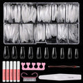 Ballerina False Nail Set - 500pcs Coffin Nails (Clear Full Cover) with Box, Glue, Fork, File & Acrylic Extension Kit