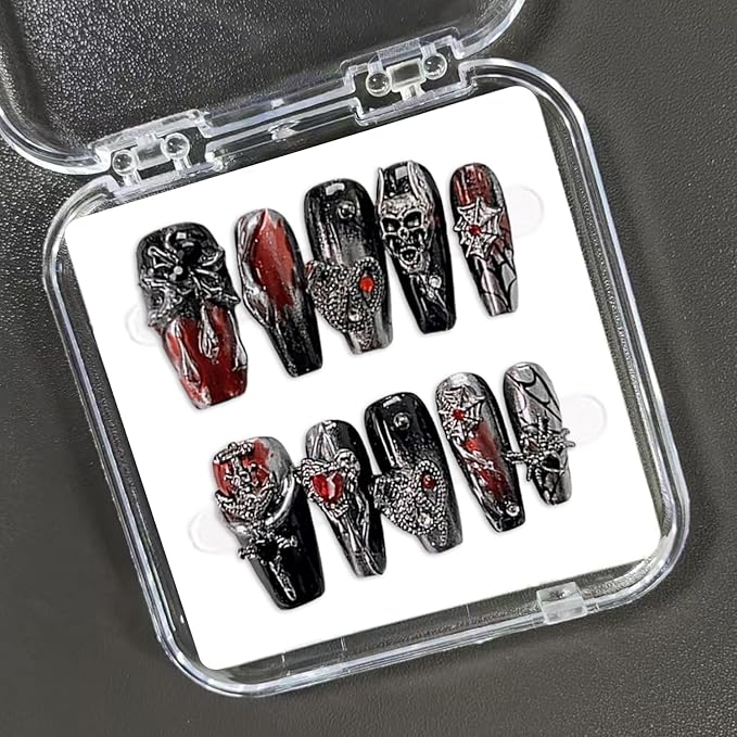 Halloween Press on Nails Handmade Manicure Art Reusable False Nails with Luxury 3D Skull Spider Web and Red Heart Designs Thick Acrylic Nail Medium Coffin Stick on Nail for Women (Size M)