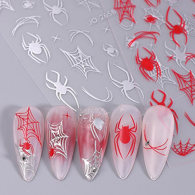 Halloween Nail Art Stickers Decals 5D Embossed Spider Nail Stickers Spider Web Nails Decal Self-Adhesive Design Nail Art Decal for Women Halloween Decor (5 Sheets)
