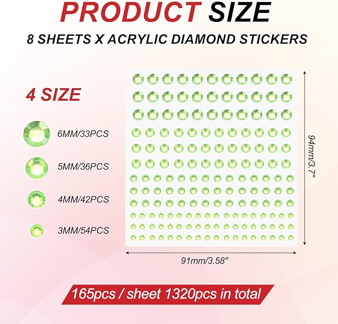 PATIKIL 1320 Pcs Acrylic Gem Sticker, 4 Size 3/4/5/6mm Self Adhesive Rhinestones Face Gem Stones Bling Jewelry for Nail Art Craft Clothes DIY Makeup Decoration Party, Grass Green